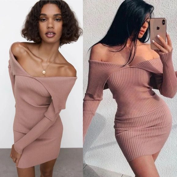 Zara Ribbed Off Shoulder Bodycon dress Mauve Sz Medium Instagram favorite - Picture 1 of 5